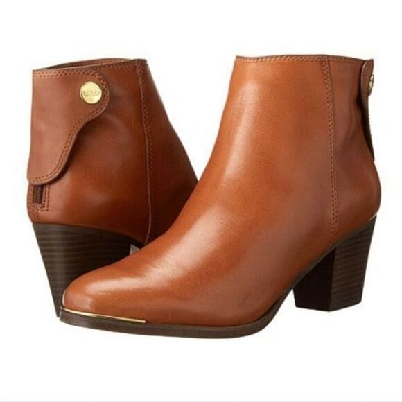 Coach Waldorf Cinnamon Tan Calfskin Leather Chunky Heel Ankle Boots Booties 8 - Picture 1 of 9